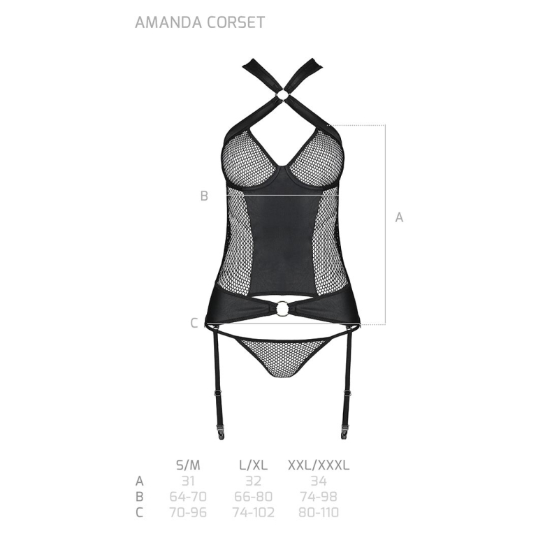 Сетчатый комплект корсет с халтером, съемные подвязки и трусики Passion AMANDA CORSET L/XL, черный цвет