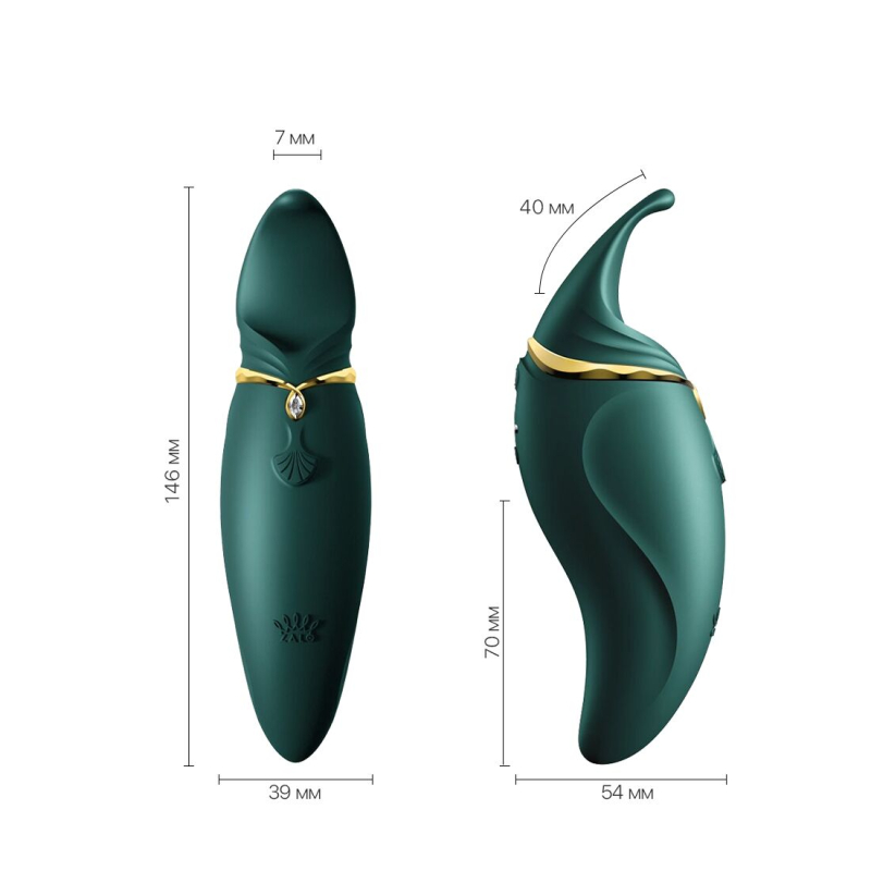 Вібратор 2в1 з язичком – Zalo Hero Jewel Green – 6 режимів вібрації, 6 хвиль пульсації, кристал Swarovski