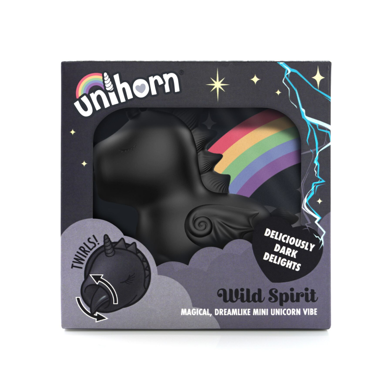 Вибратор-единорог Unihorn Wild Spirit с ласковым язычком для клитора, черного цвета