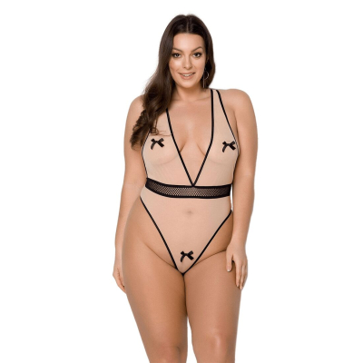 Боди Passion VIENA BODY 6XL/7XL, кремовый, контрастный, бантики, вставка-сетка, открытые ягодицы