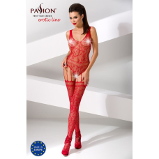 Бодістокінг Passion BS051 червоний, комбінезон, імітація панчіх і боді