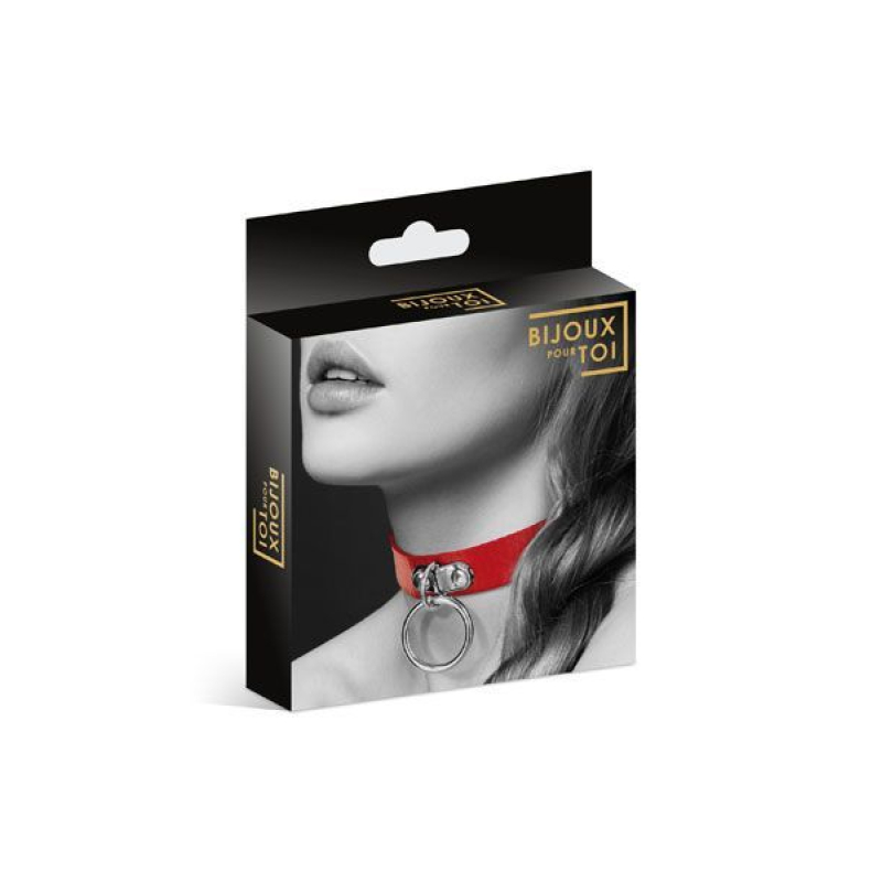 Чокер з кільцем для повідця Bijoux Pour Toi – FETISH Червоний, екошкіра