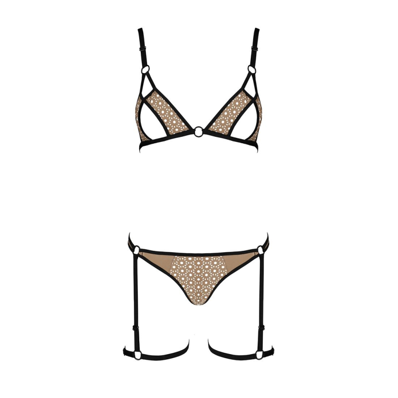 Еротичний комплект спідньої білизни Passion GABI SET S/M кремовий/чорний, трусики з гартерами
