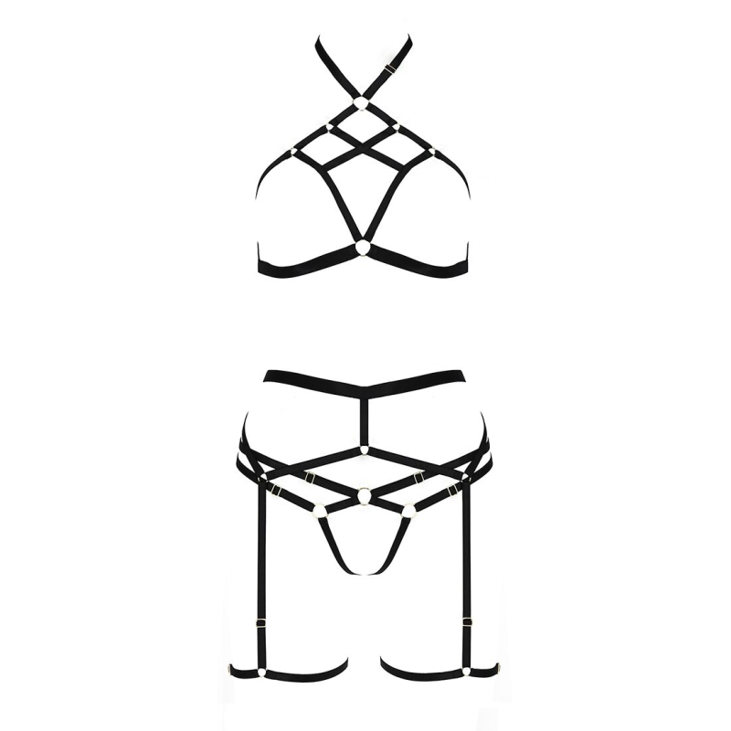 Комплект білизни Passion Exclusive MORGAN SET OpenBra L/XL, чорний колір, стрепи, трусики, ліф, пояс