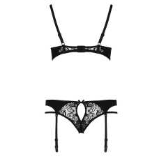 Комплект білизни Passion PAULINE SET 2XL/3XL, чорний колір, стрепи, ліф, стрінги і пояс для панчох