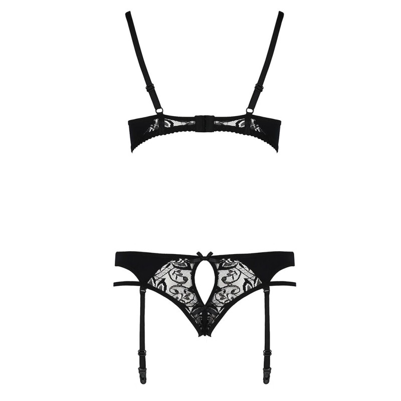 Комплект білизни Passion PAULINE SET 2XL/3XL, чорний колір, стрепи, ліф, стрінги і пояс для панчох