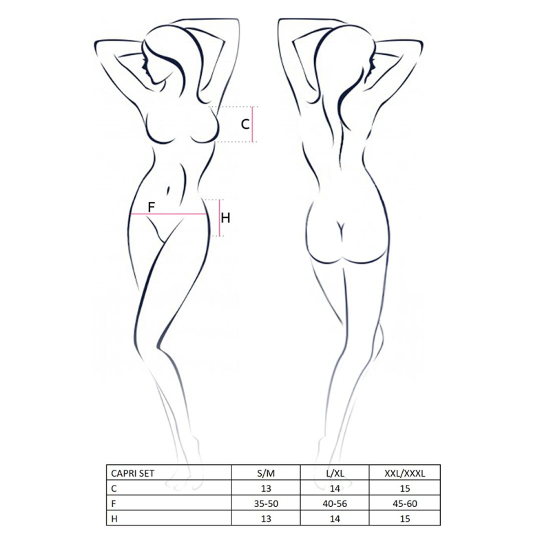 Комплект білизни під латекс Passion CAPRI SET L/XL, чорний колір, міні–бікіні, стрінги, пояс для панчох