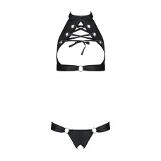 Комплект із екошкіри Passion MALWIA SET with Open Bra 6XL/7XL Чорний, топ та трусики з люверсами
