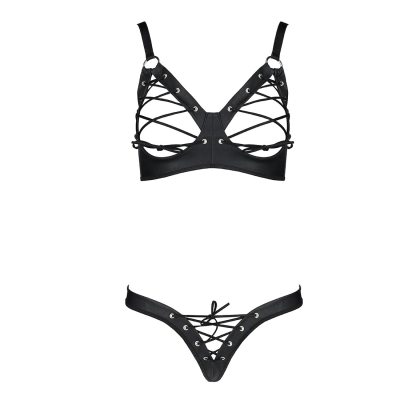 Комплект из эко-кожи Passion CELINE BIKINI S/M Черный открытый бра со лентами, стринги со шнуровкой