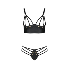 Комплект з екошкіри з люверсами та ремінцями Passion MALWIA BIKINI 2XL/3XL, чорний колір, бра та трусики