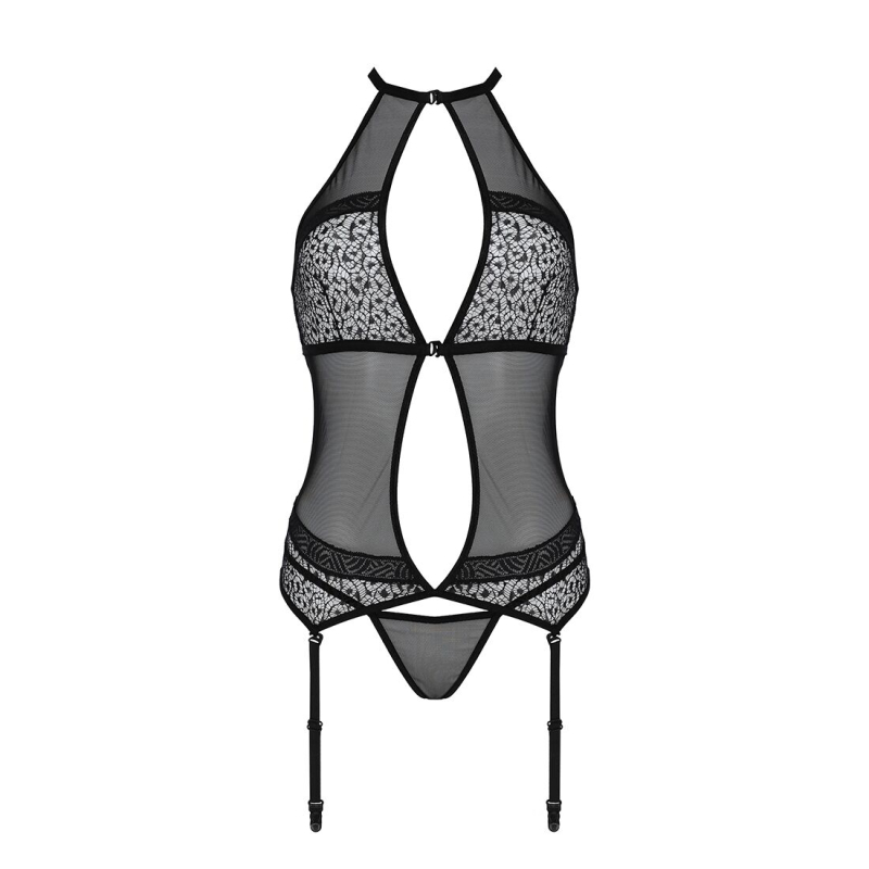 Корсет з пажами Passion SATARA CORSET 2XL/3XL Чорний, стрінги, мереживо, застібки спереду та ззаду