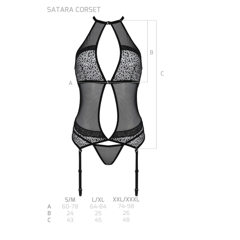 Корсет з пажами Passion SATARA CORSET 2XL/3XL Чорний, стрінги, мереживо, застібки спереду та ззаду
