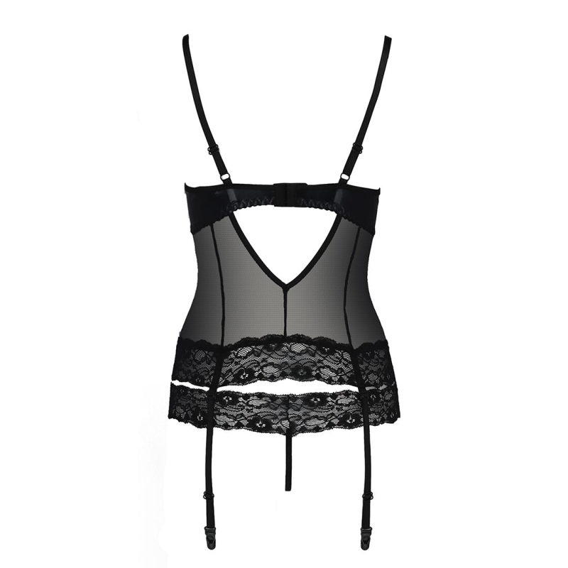 Корсет з відкритими грудьми Passion Exclusive NORTH CORSET L/XL, чорний колір, пажі, трусики, шнурівка
