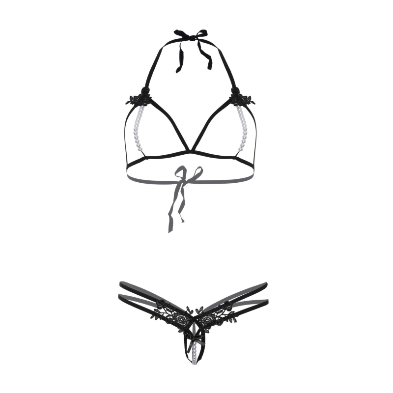 Leg Avenue Open cup bra and pearl panty OS Черный цвет