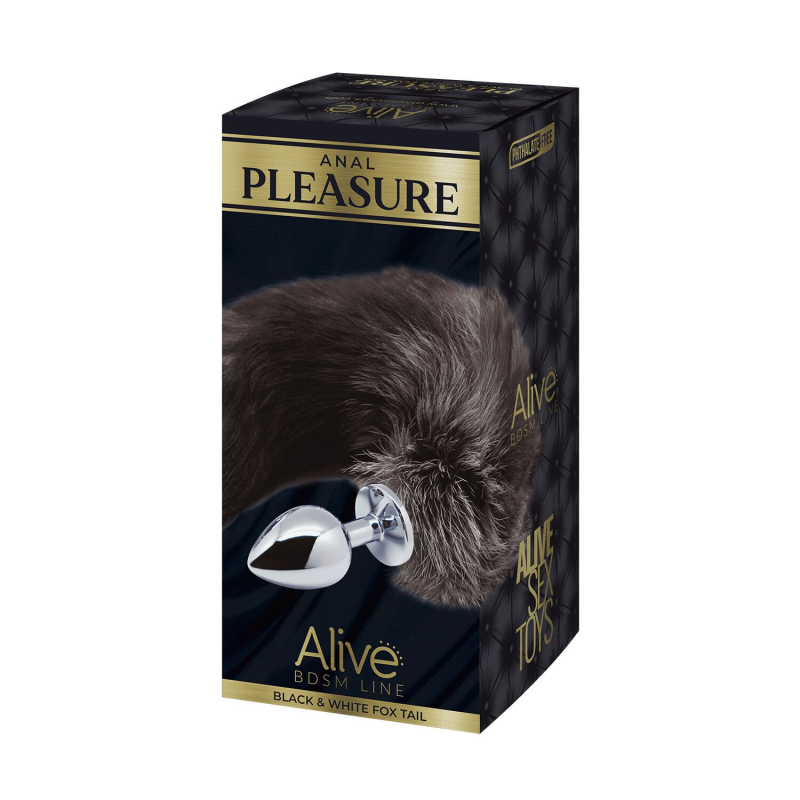 Металлическая анальная пробка Лисий хвост Alive Black And White Fox Tail L, диаметр 3.9 см
