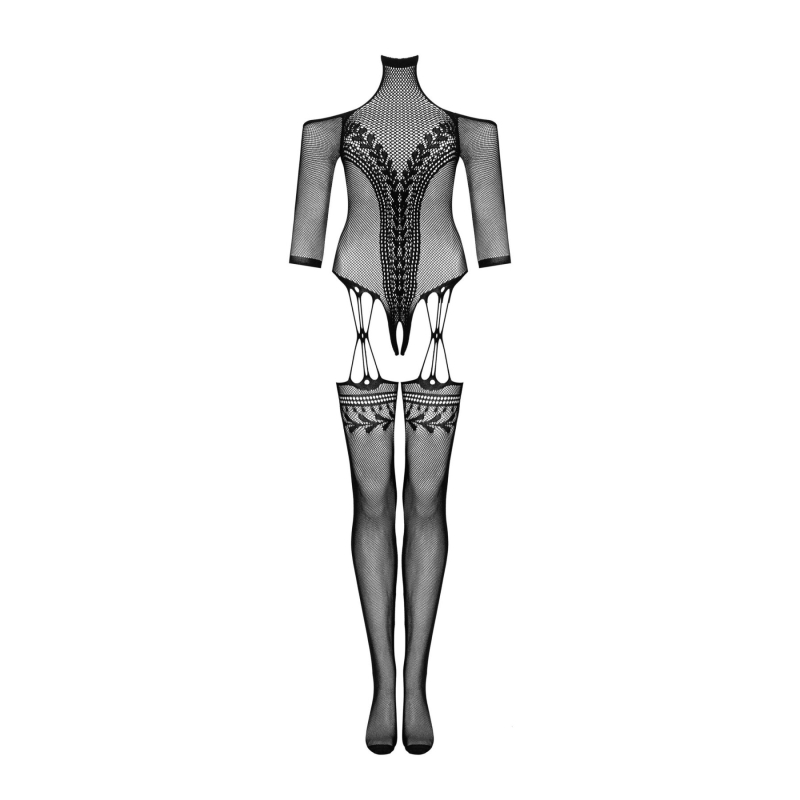 Нейлоновий бодістокінг з імітацією панчіх Obsessive Bodystocking G333 S/M/L, чорний колір, з доступом