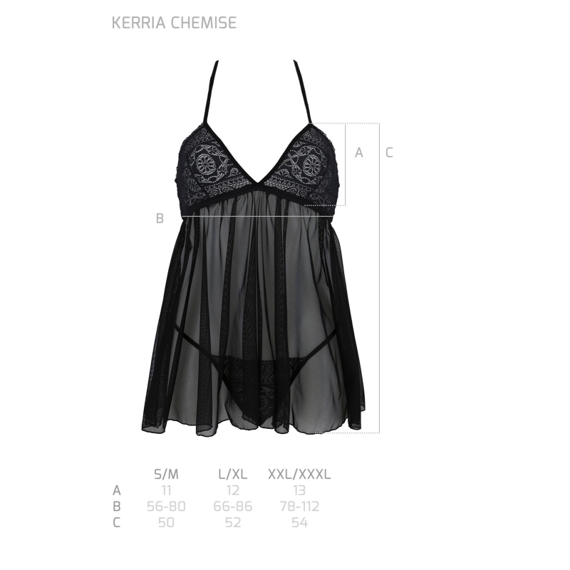 Пеньюар Passion KERRIA CHEMISE Чорний, 2XL/3XL, мереживний верх, трусики в комплекті