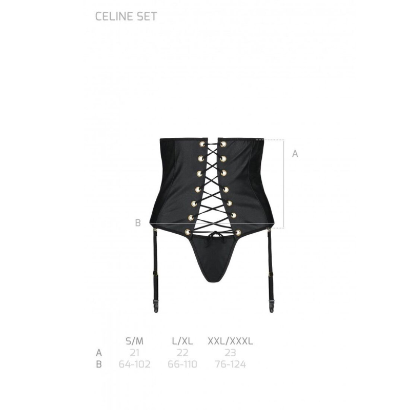 Пояс-корсет из эко-кожи Passion CELINE SET 2XL/3XL, черный цвет, шнуровка, съемные пажи для чулок, стринги