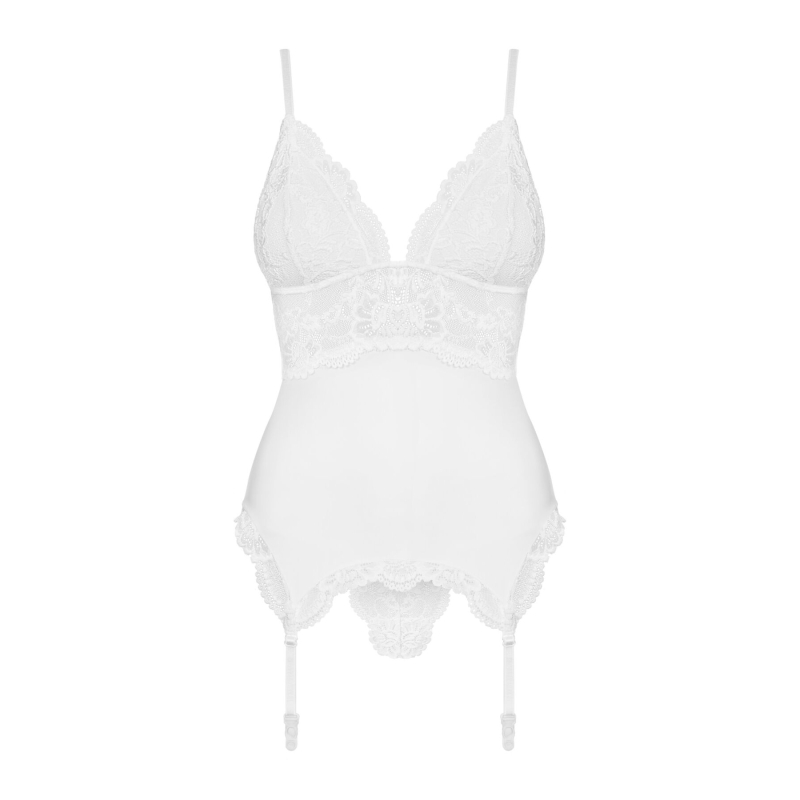 Сатиновий мереживний корсет Obsessive 810–COR–2 babydoll & thong L/XL, білий, корсет, танга