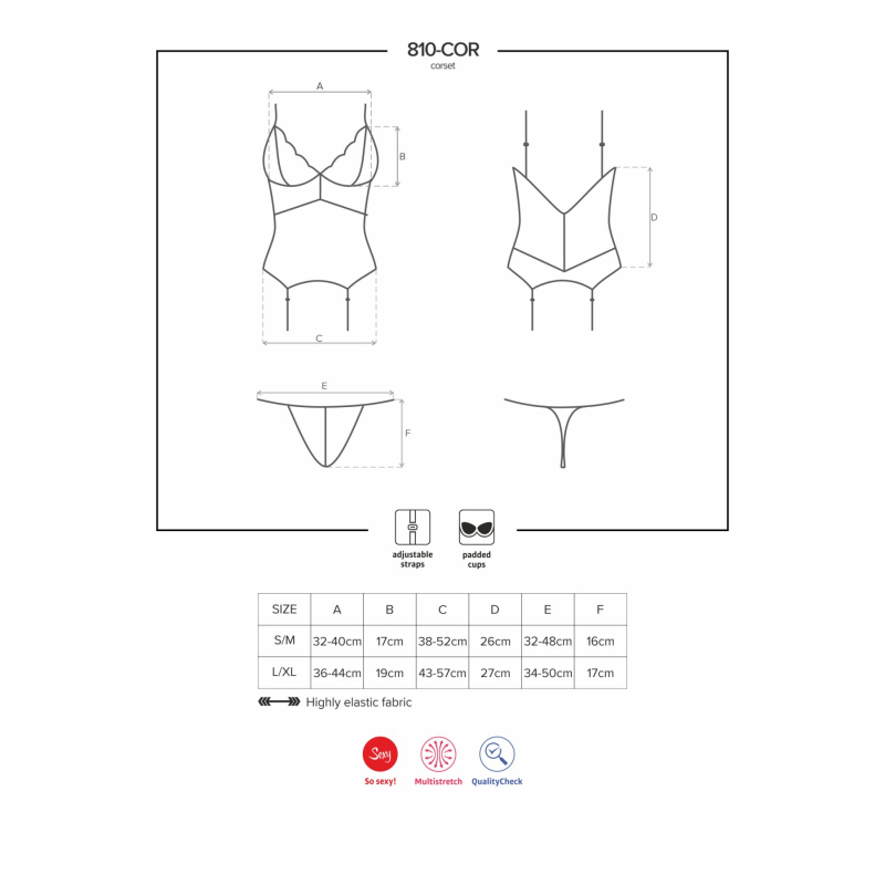 Сатиновий мереживний корсет Obsessive 810–COR–2 babydoll & thong L/XL, білий, корсет, танга