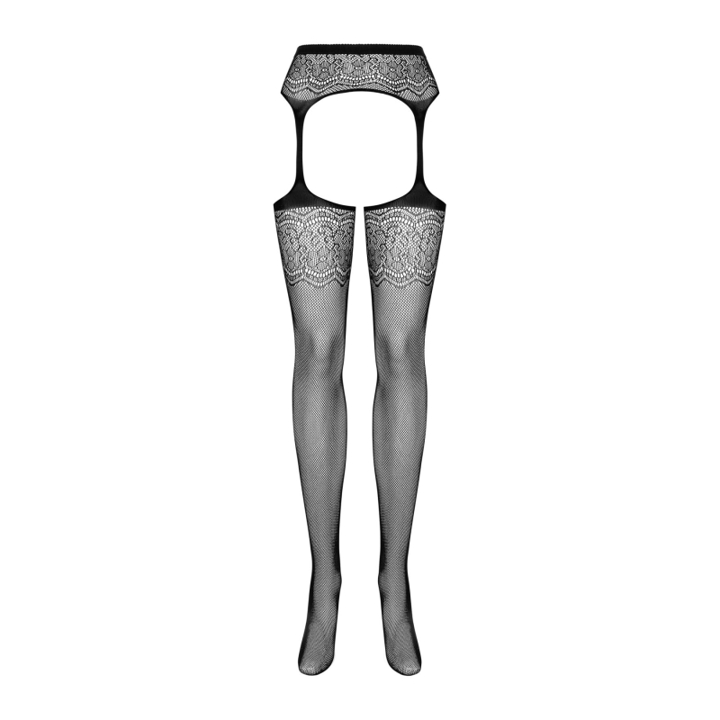 Сітчасті панчохи–стокінги з квітковим малюнком Obsessive Garter stockings S207 XL, чорні, імітаці