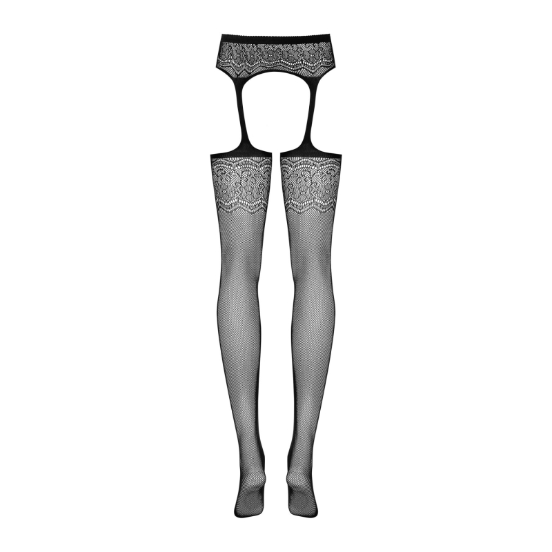 Сітчасті панчохи–стокінги з квітковим малюнком Obsessive Garter stockings S207 XL, чорні, імітаці
