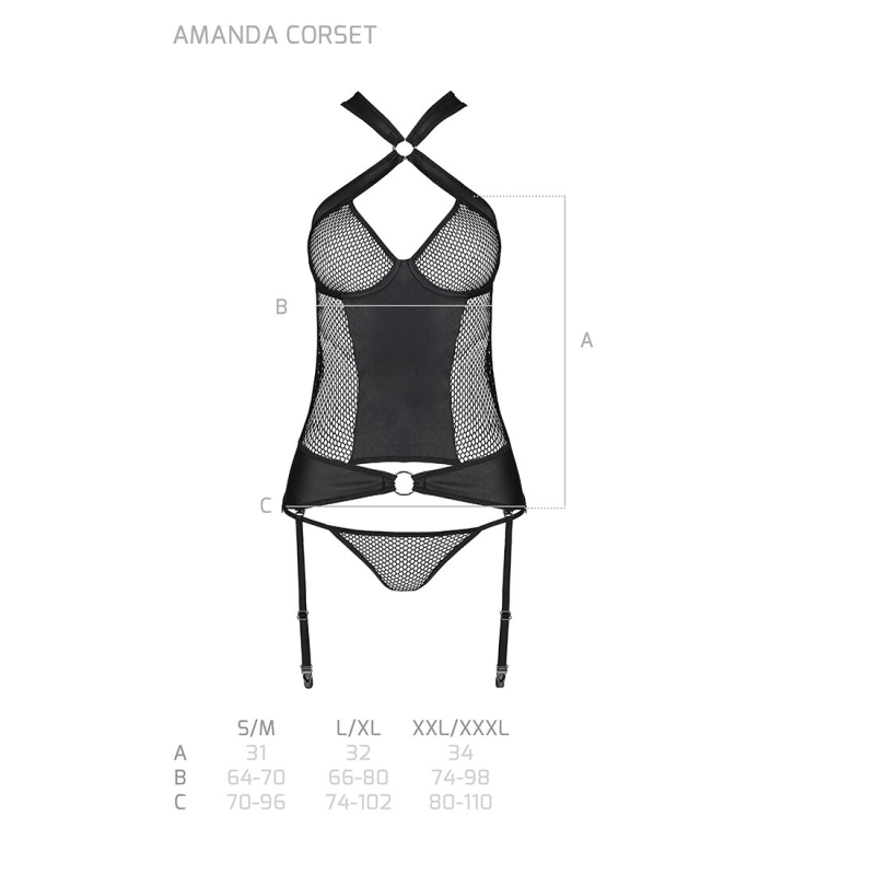 Сітчастий комплект корсет з халтером, зйомні підв'язки та трусики Passion AMANDA CORSET S/M, чорний колір