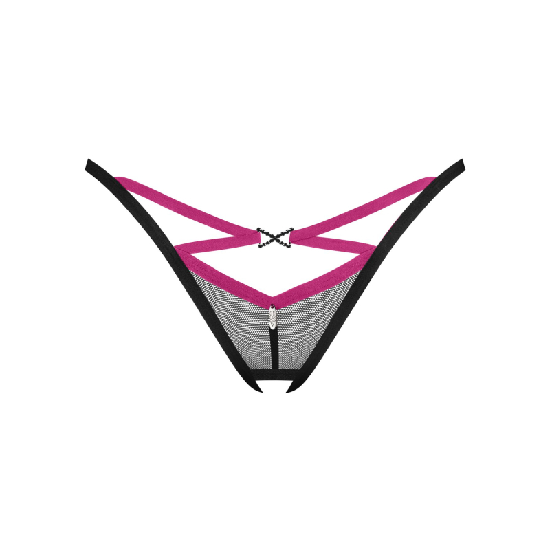 Трусики–стрінги Obsessive Novenes crotchless thong, XS/S, сітка, стрепи, прикраса зі стразами, відкр