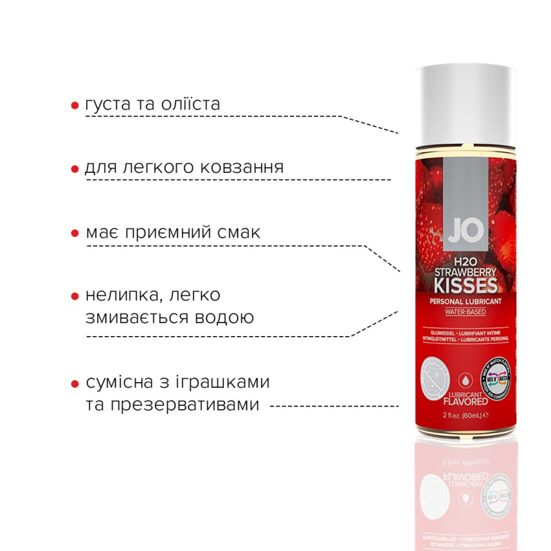 Змазка на водній основі JO H2O – Strawberry Kiss (60 мл) без цукру, рослинний гліцерин