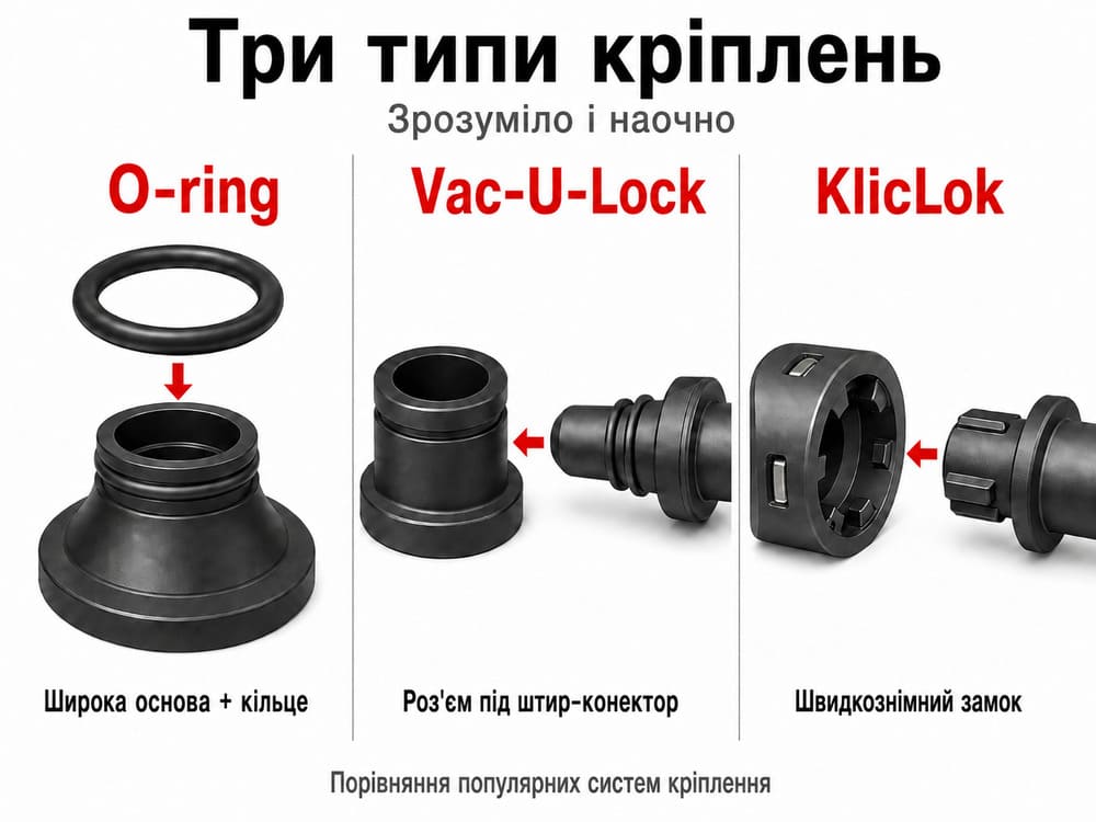 O-ring, Vac-U-Lock і KlicLok – типи кріплень дилдо для страпонів